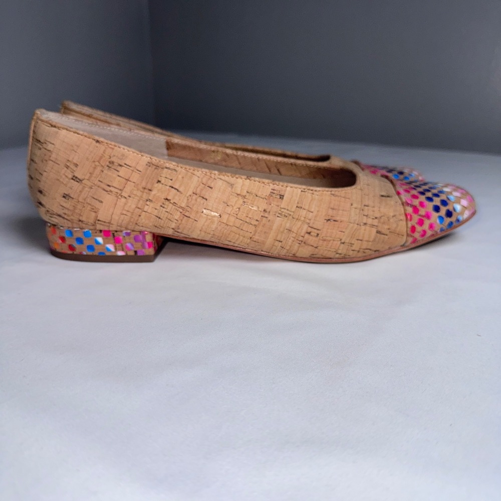 Vaneli Cork Flats Multi Color Checkered Toe Block Heel Shoes Tan Pink Blue 9.5 S